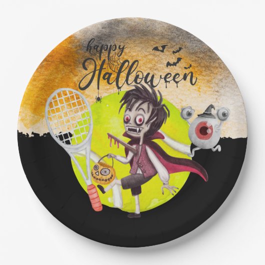Halloween für Tennisspieler mit Schläger und Ball Pappteller (Vorderseite)