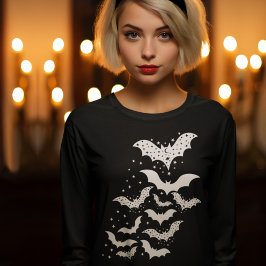 Halloween Galaxy White Bats and Stars T-Shirt