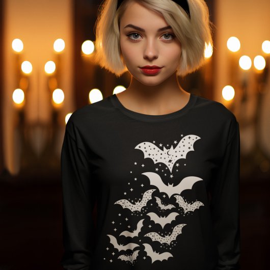 Halloween Galaxy White Bats and Stars T-Shirt