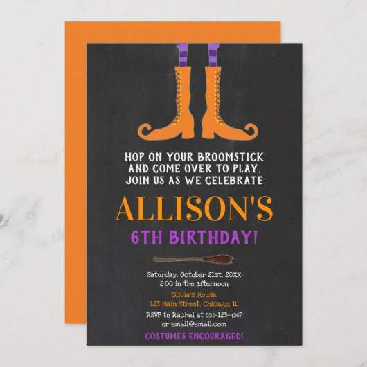 Halloween-Geburtstag, Hexenfüße lila orange Einladung (Vorne/Hinten)