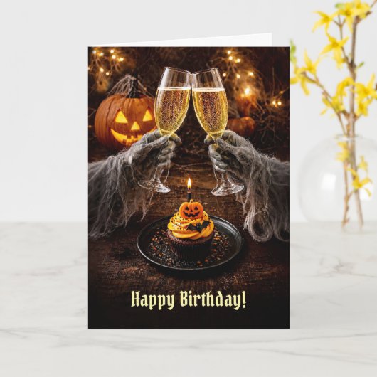 Halloween Geburtstag mit Cupcake Champagner Karte (Gelbe Blume)