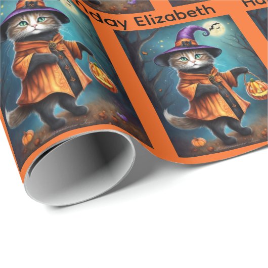Halloween Geburtstag Personalize Name Hexenkatze Geschenkpapier (Rolleneckpunkt)