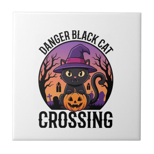 Halloween Gefahr Schwarze Katze Überquerung Fliese (Vorderseite)