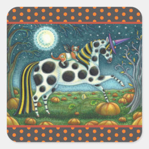 HALLOWEEN GEFLECKTES PONY & FLEDERMAUS KATZE Launi Quadratischer Aufkleber