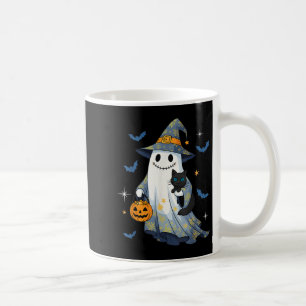 Halloween-Geist Hexe hält schwarze Katze lustiges Kaffeetasse