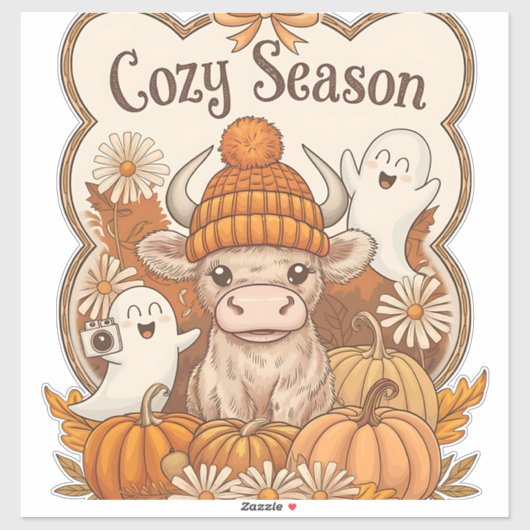 Halloween Geist Hochlandkuh mit Kürbis Aufkleber (Blatt)