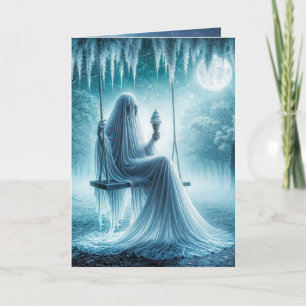 Halloween-Geist isst einen Eiskrem Karte