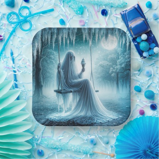 Halloween-Geist isst einen Eiskrem Pappteller (Party)