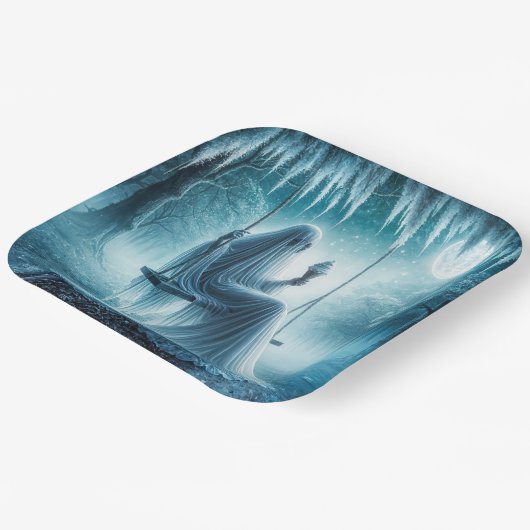 Halloween-Geist isst einen Eiskrem Pappteller (Gewinkelt)