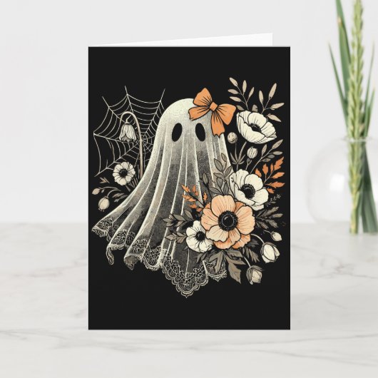 Halloween-Geist mit Blumen Vintage Karte (Vorderseite)