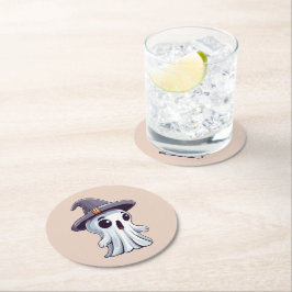 Halloween: Geist mit Hut - Runder Pappuntersetzer