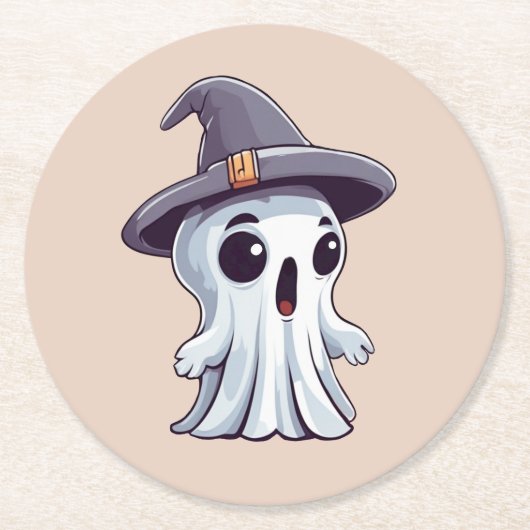 Halloween: Geist mit Hut -  Runder Pappuntersetzer (Vorderseite)