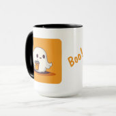 Halloween Geist mit Kaffeetasse und Boo! (Vorderseite Links)