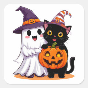 Halloween-Geist mit Kürbis-Katze 👻 Quadratischer Aufkleber