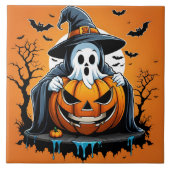Halloween-Geist mit Kürbis unter einem unheimliche Fliese (Vorderseite)