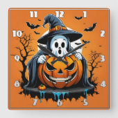 Halloween-Geist mit Kürbis unter einem unheimliche Quadratische Wanduhr (Vorderseite)