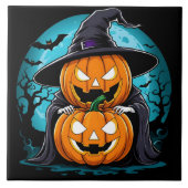 Halloween Geist mit Kürbis unter Mondlicht Fliese (Vorderseite)