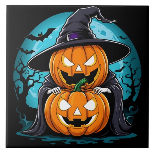Halloween Geist mit Kürbis unter Mondlicht Fliese (Vorderseite)