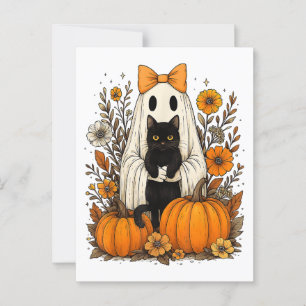Halloween-Geist mit schwarzer Katze Postkarte