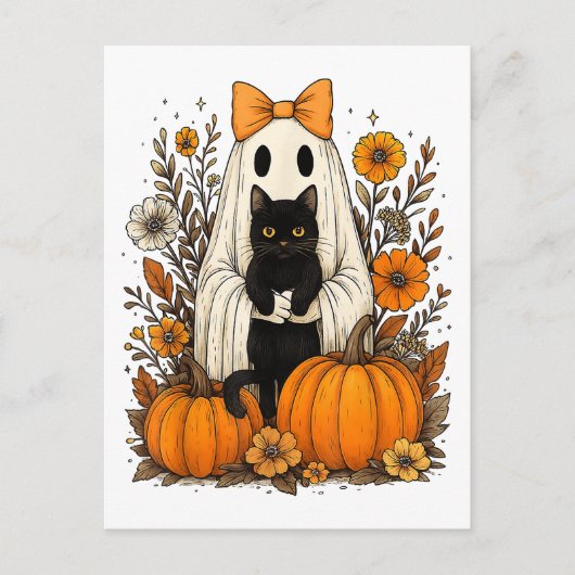 Halloween-Geist mit schwarzer Katze Postkarte (Vorderseite)