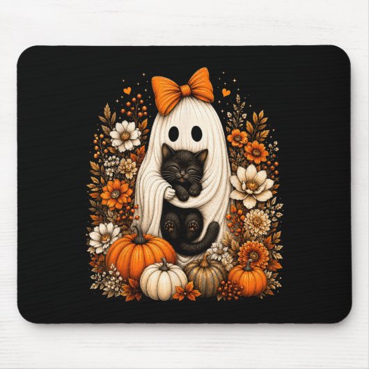 Halloween-Geist mit schwarzer Katze und Kürbis-Blu Mousepad (Vorne)