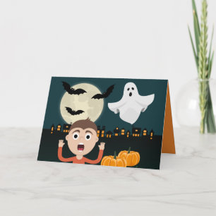 Halloween-Geist-Mond-Fledermäuse-Illustrationskart Feiertagskarte