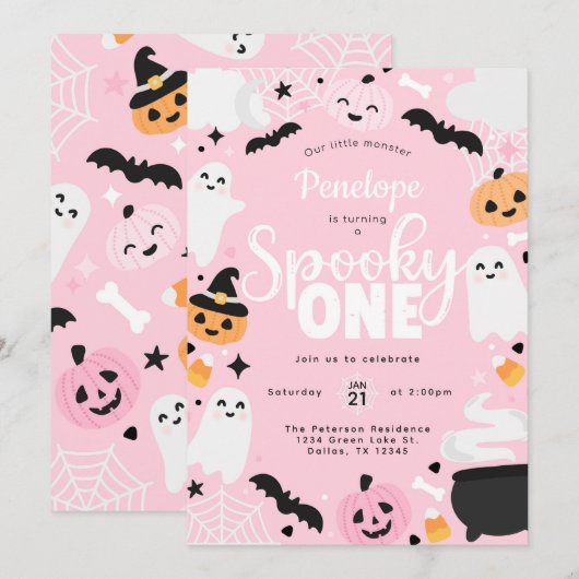 Halloween-Geist Pink 1. Geburtstagsfeier Einladung (Vorne/Hinten)