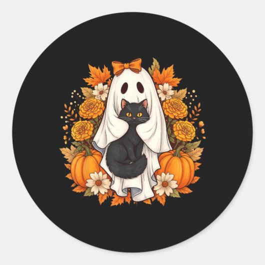 Halloween-Geist Schwarze Katze Blumen Runder Aufkleber (Vorderseite)