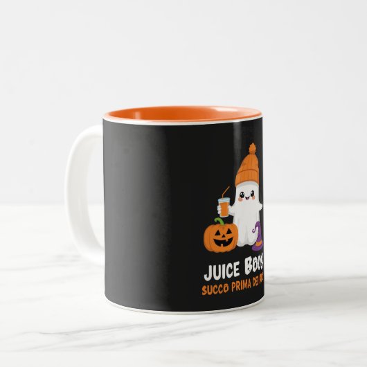Halloween-Geist-Tasse "Juice Before Boos" Zweifarbige Tasse (Vorderseite Links)