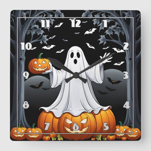 Halloween-Geist umgeben von Kürbis und Fledermäuse Quadratische Wanduhr (Vorderseite)