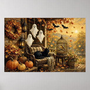 Halloween-Geist-Veranda-Schwarze-Katze-Wandkunst-D Poster