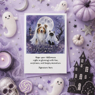 Halloween-Geister Collie & Katze Gruselige Grüße Karte