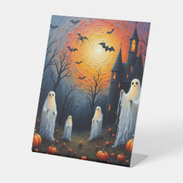 Halloween-Geister im Kürbispflaster Sockelschild