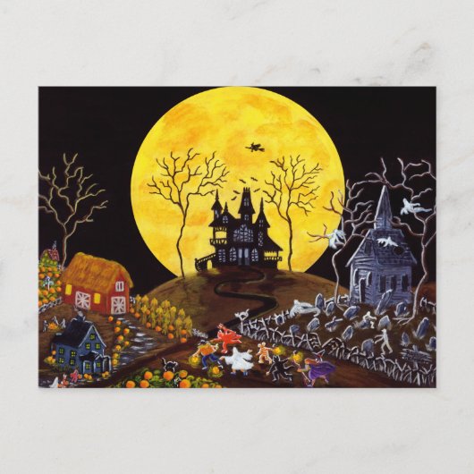 Halloween, Geister, Kirche, Grabsteine, Hexe Postkarte (Vorderseite)
