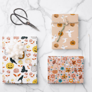 Halloween-Geister, Pumpkins, Ravens und Herbstfoli Geschenkpapier Set