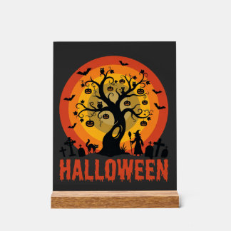 Halloween Geisterbaum Hexe und schwarze Katzen Acrylschild