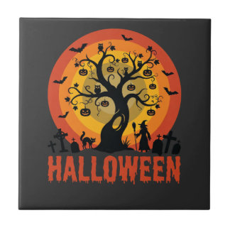 Halloween-Geisterbaum-Hexe und schwarze Katzen Fliese