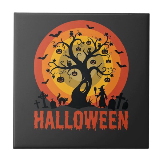 Halloween-Geisterbaum-Hexe und schwarze Katzen Fliese (Vorderseite)