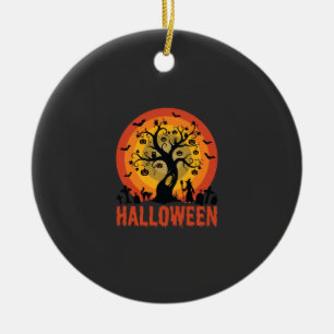 Halloween Geisterbaum Hexe und schwarze Katzen Keramik Ornament