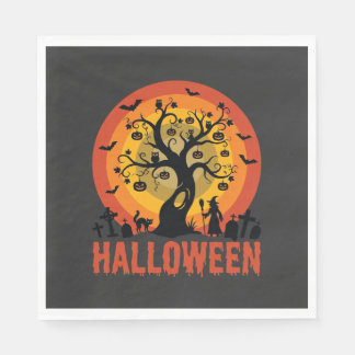 Halloween Geisterbaum Hexe und schwarze Katzen Serviette