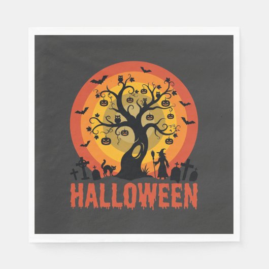 Halloween Geisterbaum Hexe und schwarze Katzen Serviette (Vorderseite)