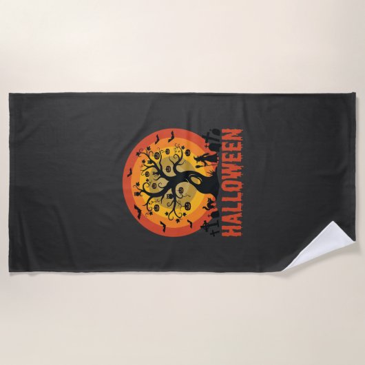 Halloween Geisterbaum Hexe und schwarze Katzen Strandtuch (Vorderseite)