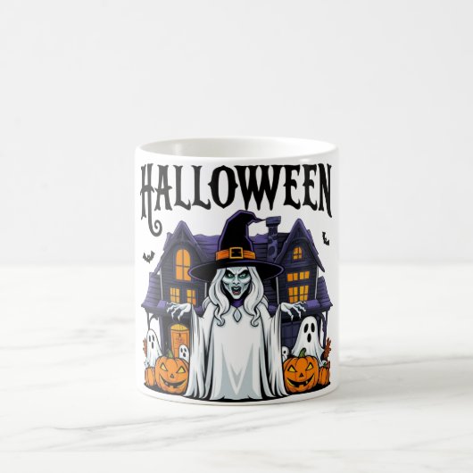 Halloween-Geisterhaus, Kürbisse, Hexen, Fledermäus Kaffeetasse (Mittel)