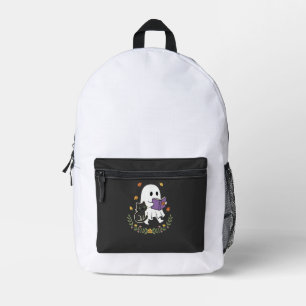 Halloween-Geisterkatze liest Buch Florales Design_ Bedruckter Rucksack