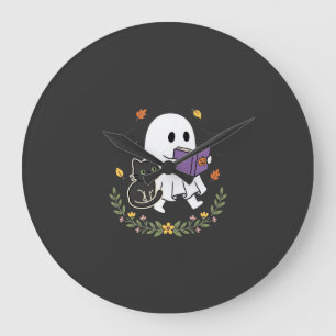 Halloween-Geisterkatze liest Buch Florales Design_ Große Wanduhr