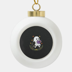 Halloween-Geisterkatze liest Buch Florales Design_ Keramik Kugel-Ornament