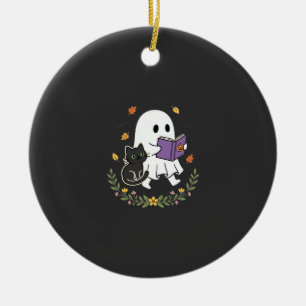 Halloween-Geisterkatze liest Buch Florales Design_ Keramik Ornament