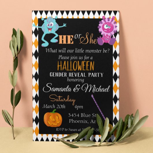 Halloween Gender Baby Reveal Party Monster Orange Einladung