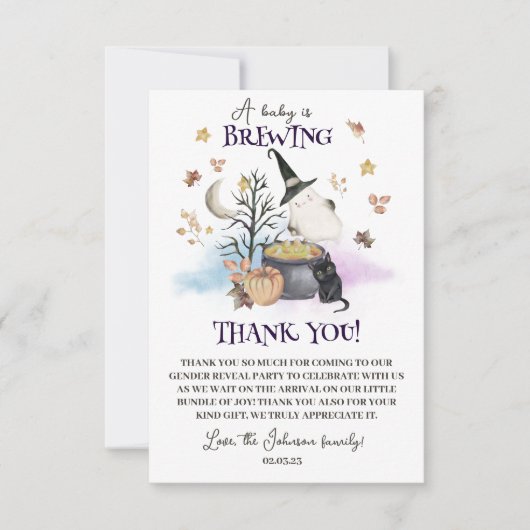 Halloween Gender Reveal Baby wird brauen Dankeskarte (Vorderseite)