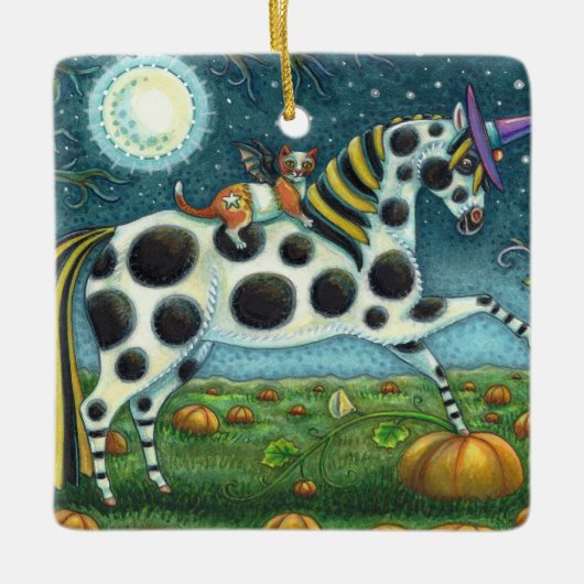 HALLOWEEN GEPUNKTETE PONY & BAT CAT Fantasy Horse Keramikornament (Vorderseite)